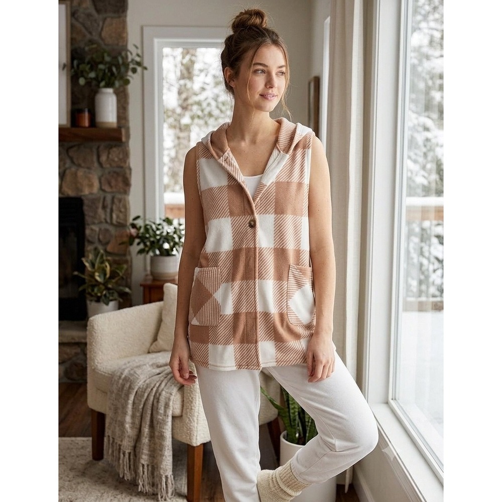 Cuddl Duds Hooded Fleece Wrap Women OS Tan White Plaid Excellent